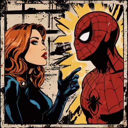 a drawing of the spider - man and the girl in front of a city