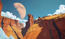 mountains with clouds and a huge moon