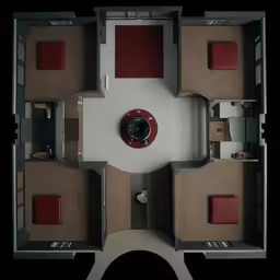 view of overhead shot of office room with red carpet