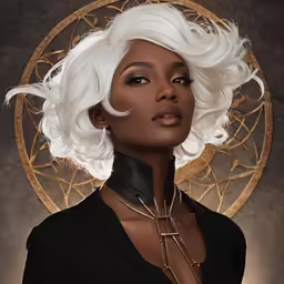 a woman wearing long white hair in a black shirt