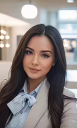 the woman with long hair is wearing a blue shirt and a grey jacket