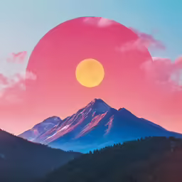 there is a bright pink sun on top of a mountain