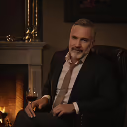 man sitting in chair with glass of wine near fire place