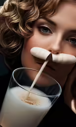 the girl is drinking milk and has her nose in a mug