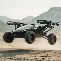 a flying car with four wheels and tires on the sand