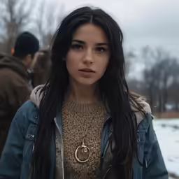 the girl has dark hair and is standing outside in the snow