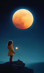 a little girl looks at a full moon