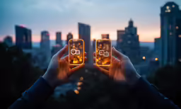 two hands holding two phone devices with city lights behind them