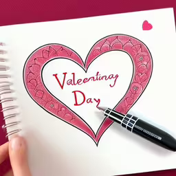 a heart on a white card next to a black pen,a hand is holding a pen next to a valentine