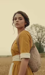 a woman standing in a field with her handbag