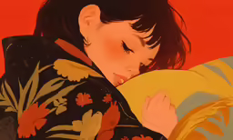 a woman is wearing a kimono and holding a flower pillow
