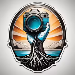 the camera in hand holds the tree as it is surrounded by an orange sky