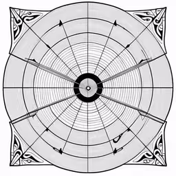 an illustration of an arc with arrows pointing up at two points,the pattern is similar to the wind vane but the propeller shape is not very different from those type of wind vane, vintage line drawing or engraving or engraving illustration,a drawing that looks like a giant clock with arrows coming out of it,an antique style drawing with arrows pointing towards the center,an illustration of a plan wheel showing directions