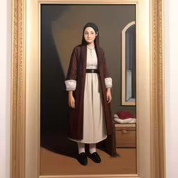 a woman in a long coat standing in front of a painting