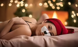 a woman lying on a bed wearing a facial mask