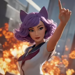a young woman in uniform holding up the peace sign