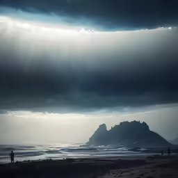 people walking on beach under storm clouds with mountains in background