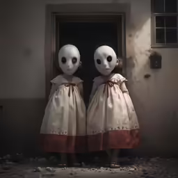 two creepy dolls standing in front of a door