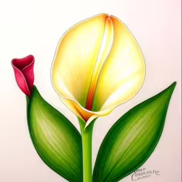 an orchid painted in watercolor on a white wall,the bright yellow and red flower is next to a green leaf,a yellow and red flower with green leaves on it,a drawing of a flower with two green leaves,a painting of two flowers with leaves on top