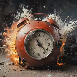 an old fashioned red alarm clock with water shooting around it