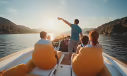 three people in a yellow boat pointing at the horizon