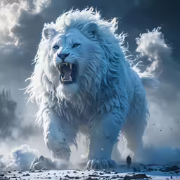 an artistic photograph of a man and a huge white lion