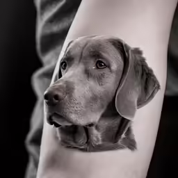 a black and white photo of a dog with his paw on a person