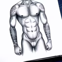 a man that has tattoos on his body,a sketch of a man with tattoos standing in his underwear,a pencil drawing of a man without a shirt,an image of a man with tattoos on his body,an inking image shows a man with a tattooed chest