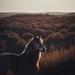 a horse standing in the middle of an open field