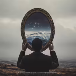 the man is looking at the sky through a mirror