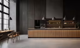 a modern office with brown furniture and wood cabinets