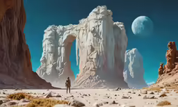a character standing in the desert between mountains and rocks