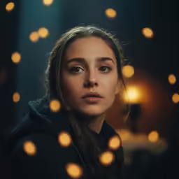 the young girl is looking at the camera with many lights