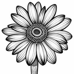 a drawing of a flower in black and white,a sunflower with a big flower head on the stem