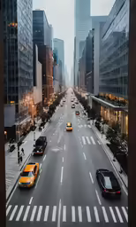 an empty street with taxi cabs and people