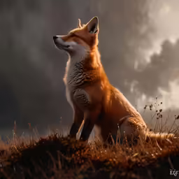 a red fox sitting on top of a grass covered field
