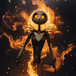 a robot stands in front of fire in the animated film the night before halloween