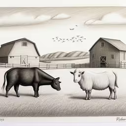 a pencil drawing of two cows standing in a fenced - in field,an illustration of farm animals on a farm