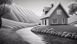 a house with a stream coming down from it next to trees and mountains