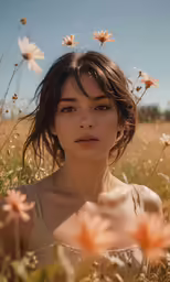 the woman is sitting in a field of grass