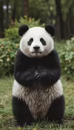 a panda sitting on the ground in the grass