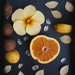 half an orange with several nuts and dried leaves