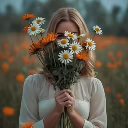 there is a woman that is holding flowers