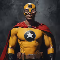 a superhero dressed up in a cape and uniform