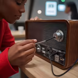 a young lady setting the radio on the table