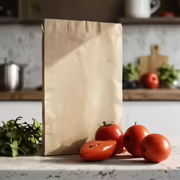 four tomatos are next to a bag on a counter