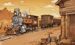 a boy stands beside an old fashioned train,a painting of a train on the tracks
