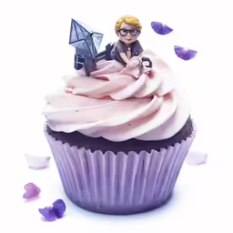 a cupcake with a figure on top and a paper airplane