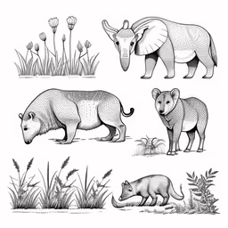 a rhinoceros, an antelope, a walrus and a hippo in various stages