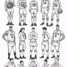 an image of basketball players drawn with graphe pencils,basketball players and their uniforms for the game,basketball players with their number and uniform numbers on their shirts,a drawing of basketball players from different countries,a group of different basketball players, all wearing different uniforms
